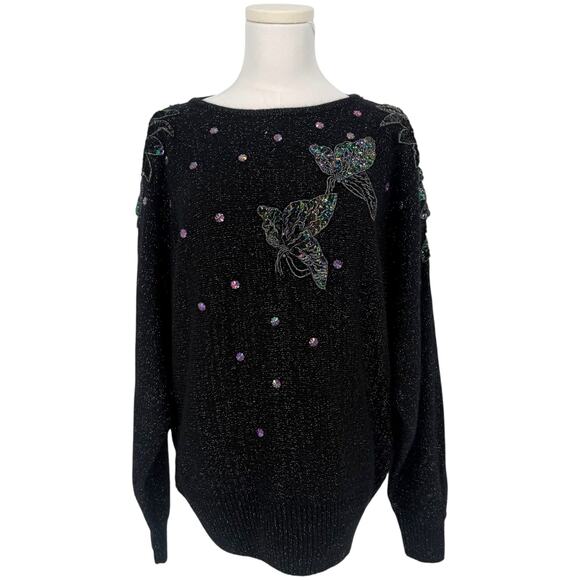 Vintage Tony Lambert Sequin Butterfly Beaded Novelty Sweater Metallic Women's L - Picture 1 of 7
